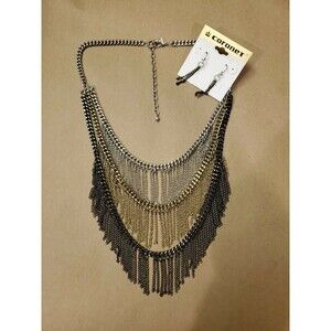 LW Coronet Multi-Chain 3 Tone Fringe Bib Necklace & Matching Dangle Earrings NEW